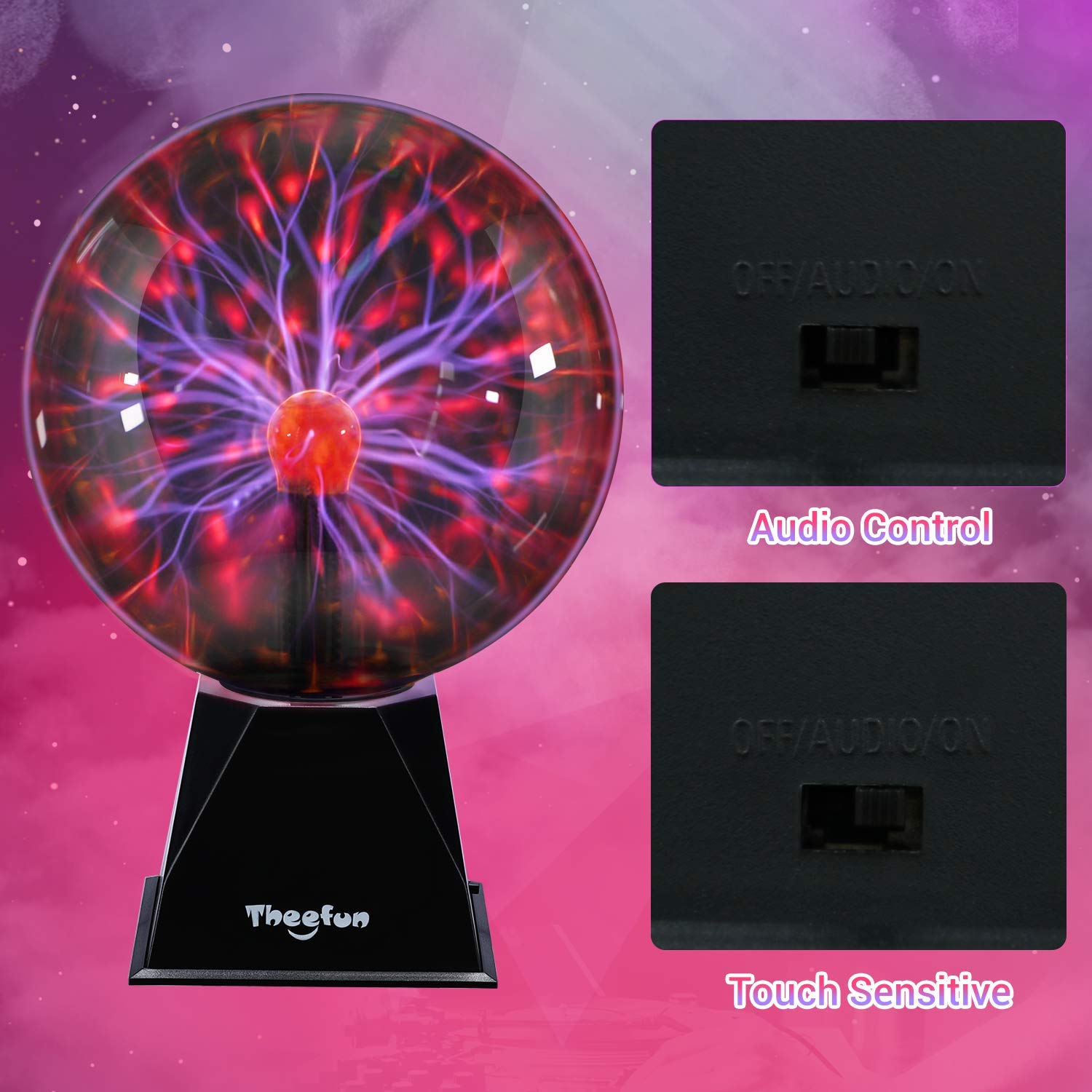 Theefun Plasma Ball: 8 Inch Plasma Globe Touch & Sound Sensitive Ball Lamp Electric Lightning Novelty Light for Parties, Home, Prop, Room Decoration, Christmas Gifts