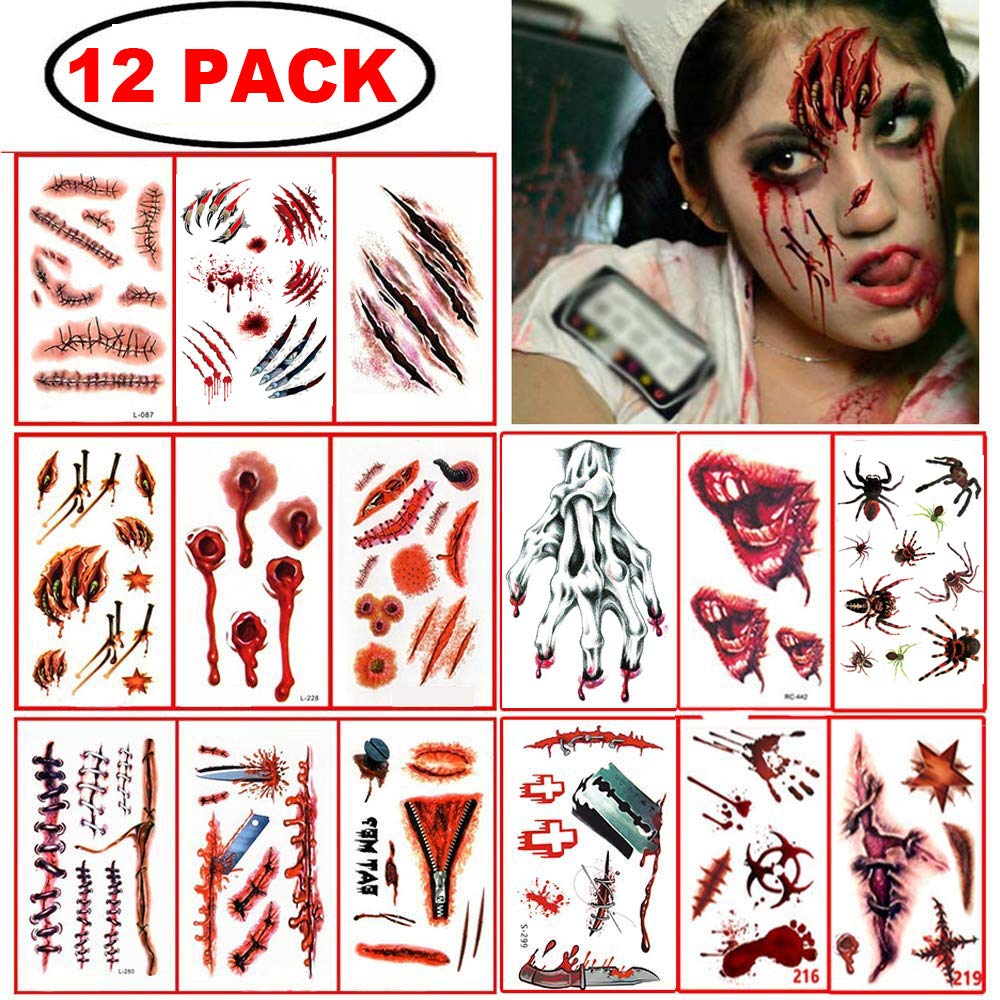 12pcs Halloween Temporary Tattoos Scar Fake Wound Blood Bleeding Spider Tattoo Stickers for Halloween Party Zombies CosPlay Costume