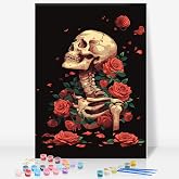 Framed Paint by Numbers Kit for Adults, Skeleton & Red Roses, 8x12 Inch | DIY Number Painting for Beginners, with Frame, Gothic Halloween Wall Decor, Stress Relief Craft Gift, Creative Hobby