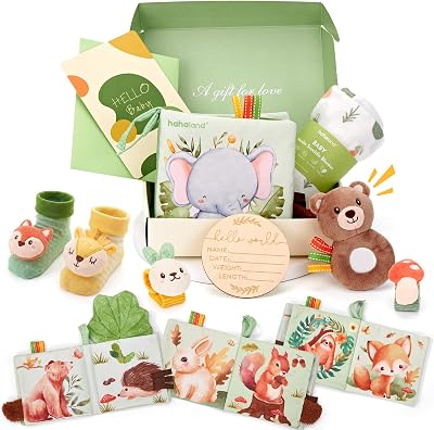 hahaland Newborn Gift Set Woodland Blanket Cloth Book Rattles 0-6M