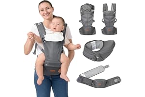 BabbleRoo Grow Carrier – Safety-Certified 6-in-1 Baby Carrier with Hip Seat, Ergonomic & Adjustable Toddler Carrier 7-50 lbs with Hip Support, Hood for Sun Protection, Newborn to Toddler, Gray