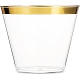 Munfix 100 Gold Plastic Cups 9 Oz Clear Plastic Cups Old Fashioned Tumblers Gold Rimmed Cups Fancy Disposable Wedding Cups El