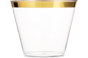 Munfix 100 9 Oz Clear Plastic Cups, Old Fashioned Tumblers, Fancy Disposable Wedding Cups, Elegant Party Cups with Gold Rim