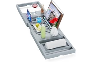 Yirilan Bamboo Bathtub Tray Caddy, 1 or 2 Person Expandable Wooden Bathroom Tray, Luxury Bamboo Bathtub Expandable, Bath Tub Table Caddy with Extending, Grey