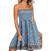 Tube Top Dress Boho Floral Summer Beach Csual Sun Dresses Strapless Dress for Women Red S
