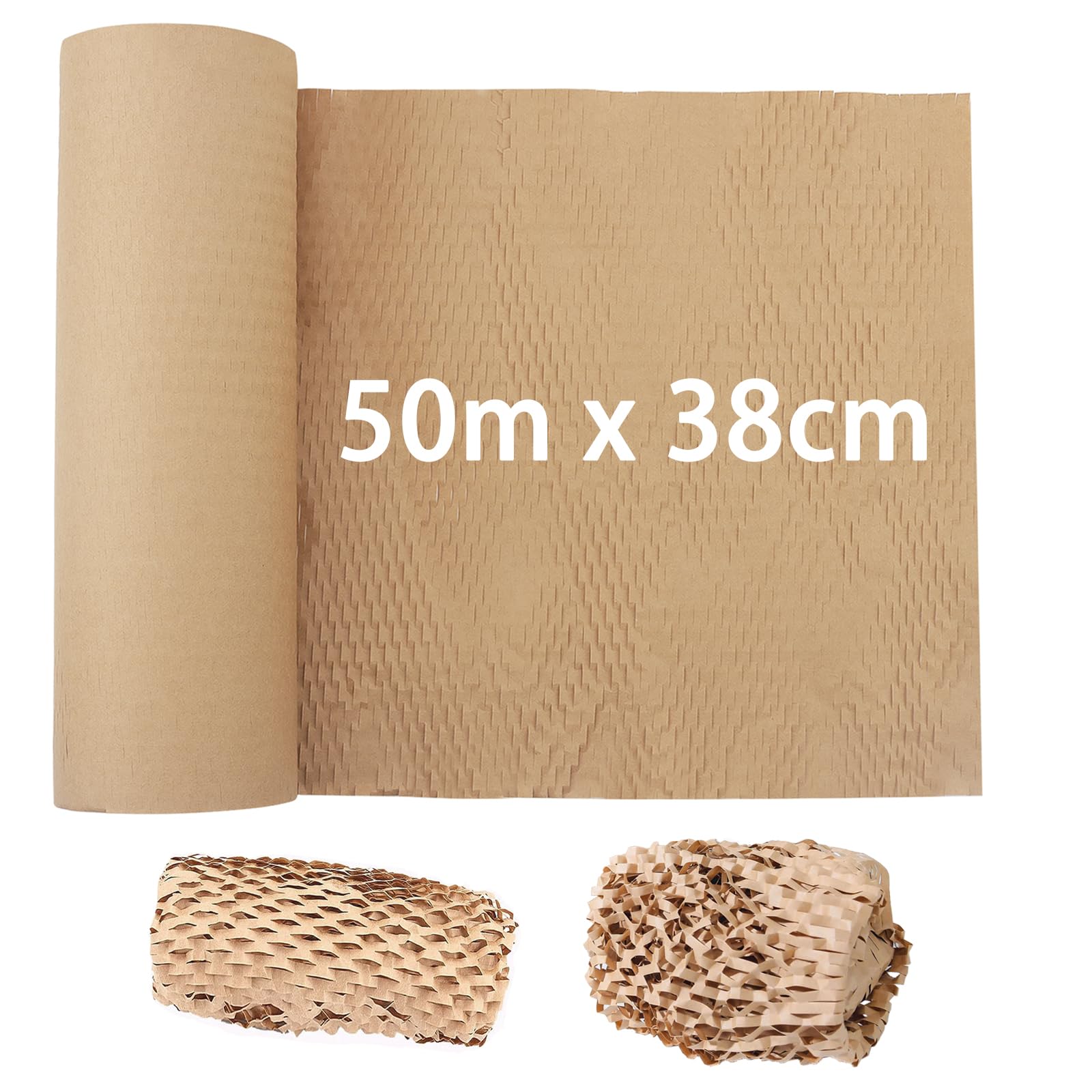 ZEONHEI 50m x 38cm Honeycomb Packing Paper Roll, Kraft Honeycomb Cushioning Wrapping Paper, Perforated Brown Wrap Roll for Moving, Shipping, Gift Wrapping