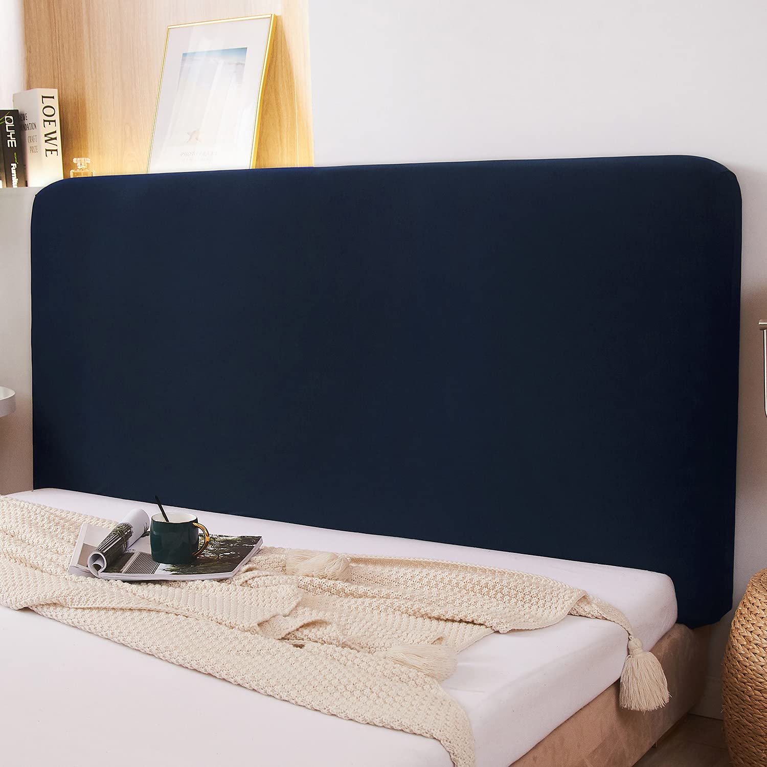 Photo 1 of WOMACO Stretch Bed Headboard Slipcover 180 GSM Thick Fabric Solid Color Dustproof Bed Head Protector Cover for Bedroom Decor (Dark Blue, Queen)