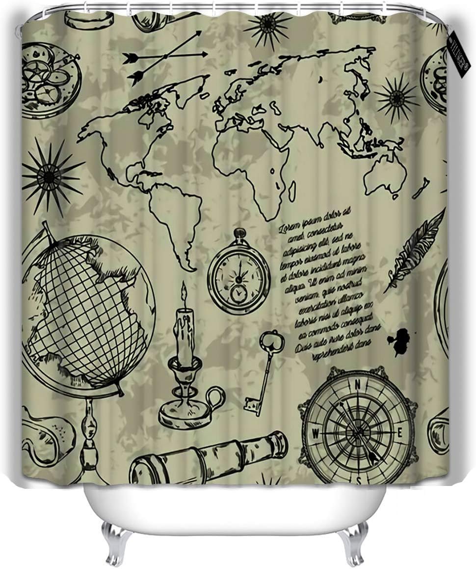 Amazon Com Yilinger Decor Bath Curtains Globe Compass World Map And Wind Rose Vintage Science Objects Set In Steampunk Style Bathroom Decoration Shower Curtain 72 X72 Home Kitchen
