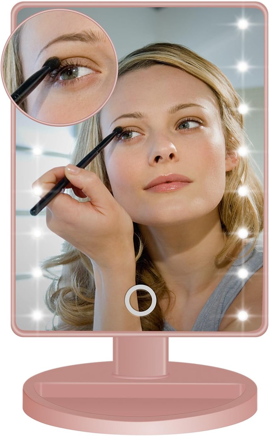 Vanity Mirror, BEW Lighted Makeup Mirror with 16 LED lights & Touch Screen Dimmable and Detachable 10x Magnifying Spot Mirror for Cosmetic Makeup, Valentine's Day Gift (Rose Gold)