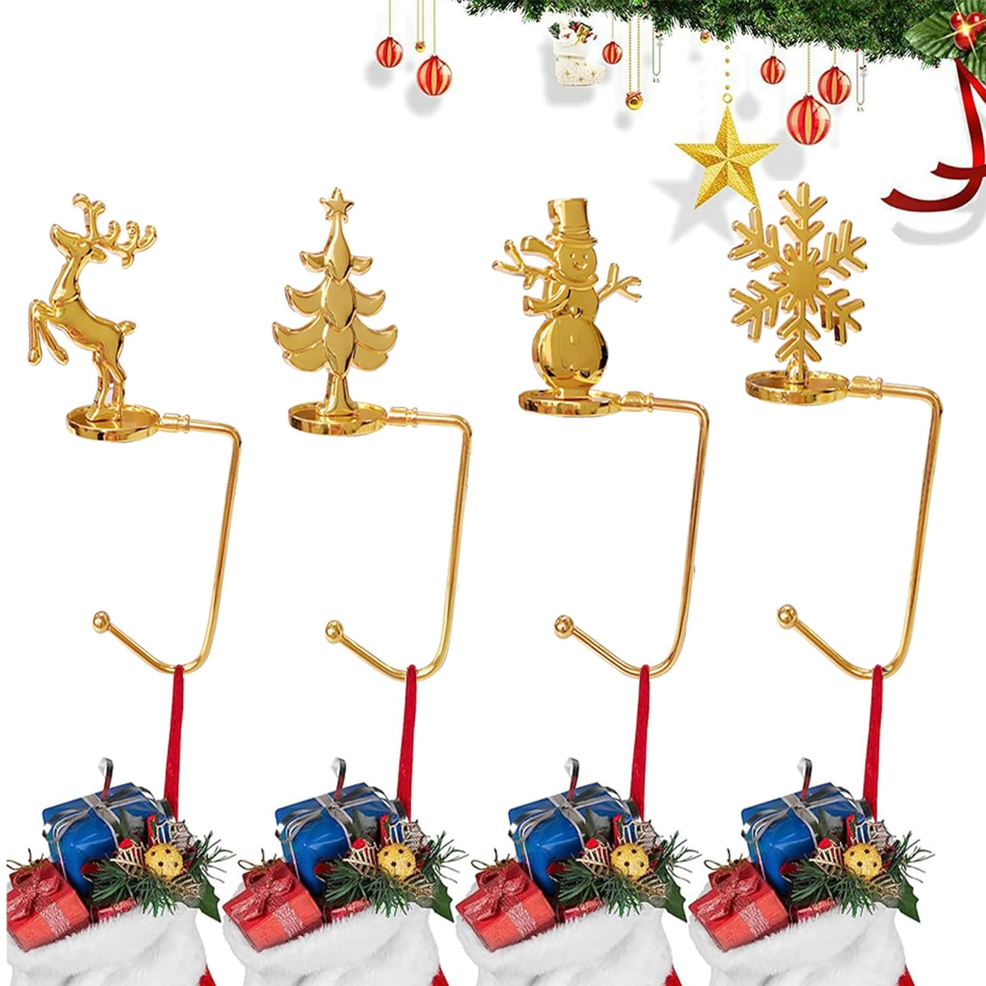 TNBRUA 4Pcs Christmas Stocking Holders, Mantel Christmas Stocking Hangers, Non-Slip, Zinc Alloy, Gold