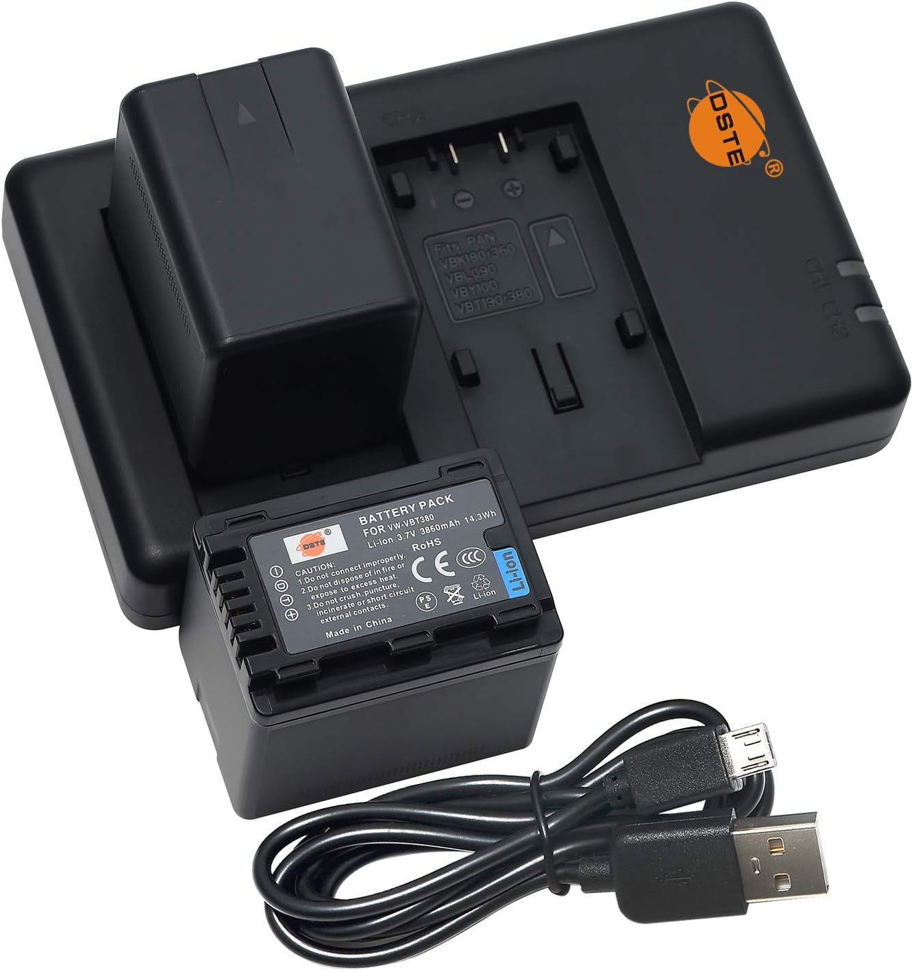 DSTE 2PCS VW-VBT380 VBT380 (3860mAh/3.7V) Battery Charger Set Compatible for Panasonic HC-V210, HC-V520, VW-BC10E, HC-W580