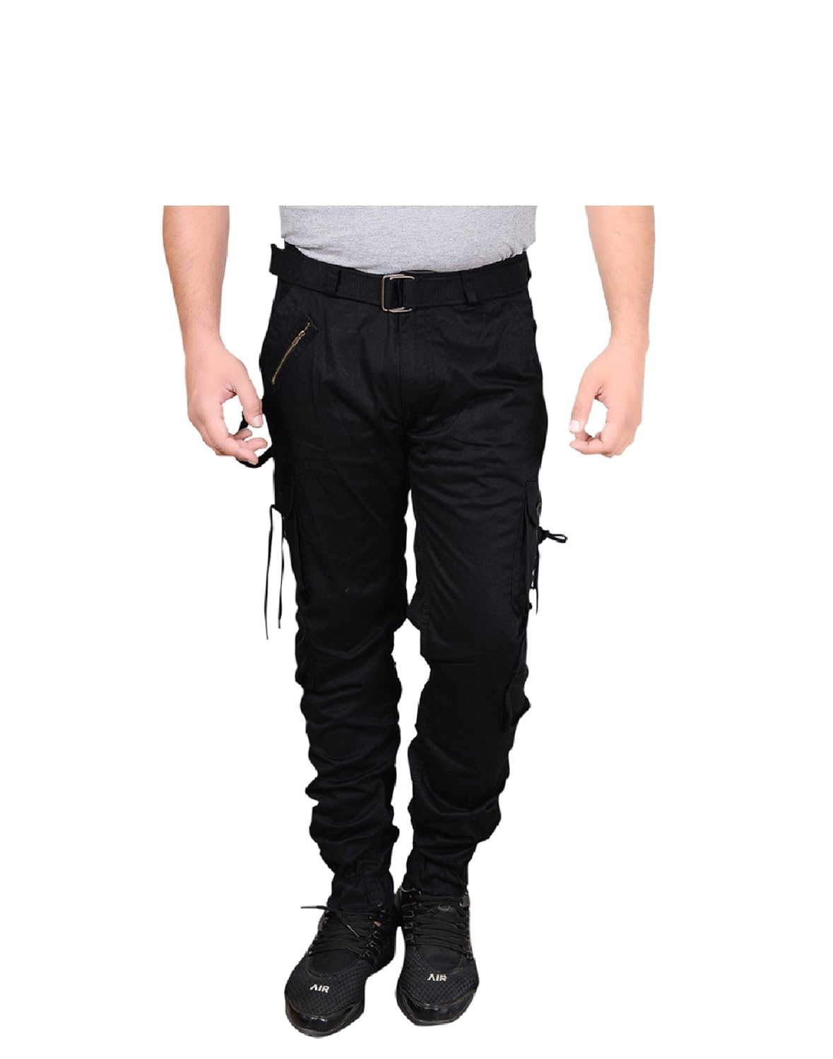 devil men's cotton relaxed fit zipper dori black cargo jogger pants