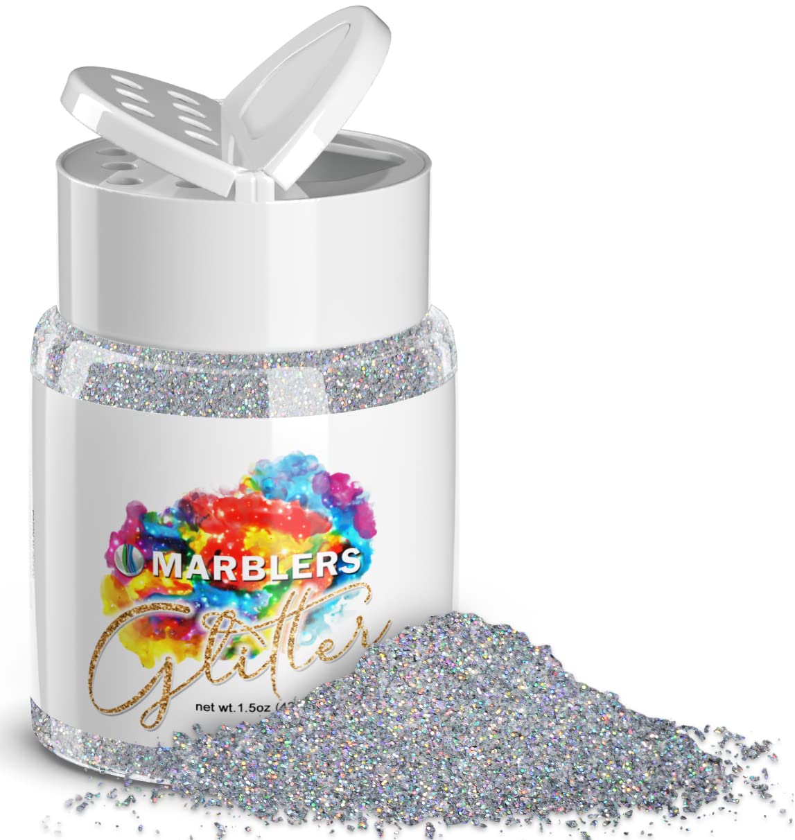 MARBLERS Holographic Glitter [Holo Silver] 1.5oz (42g) | Fine | Non-Toxic, Vegan, Cruelty-Free | Face, Body, Eyeshadow, Hair, Festival, Party Makeup | Nail Art, Polish | Resin, Tumbler, Slime, Craft