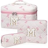 Junesters Initial Makeup Bag Set, Personalized Quilted Makeup Bag, Large Floral Cosmetic Bag for Women, Cute Cotton Custom Make up Bags, Flower Travel Toiletry Bag Teen Girl Gift Pink Butterfly M