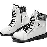 FRACORA Women's PU Leather Combat Boots Warm Fur Lined Black Ankle Booties Side Zipper White Boots Non-slip Winter Boots