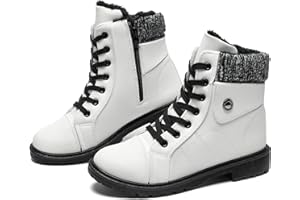 FRACORA Women's PU Leather Combat Boots Warm Fur Lined Black Ankle Booties Side Zipper White Boots Non-slip Winter Boots