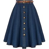 Belle Poque Women's Denim Skirts Vintage Below Knee Length High Waist A-Line Jean Skirts with Pockets