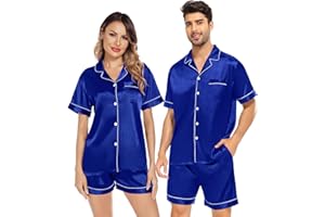 SWOMOG Satin Matching Pajamas Sets Couple Silk Button Down Nightwear Short Sleeve Sleepwear 2 Pieces Loungewear with Shorts