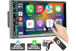 MINYE [Wireless] Double Din Car Stereo with Wireless Apple CarPlay and Android Auto, 7 Inch LCD Touchscreen RDS FM/AM Vehicle Radio with Type-C Phone Charge, Bluetooth, Mirror-Link, Waterproof Backup Camera