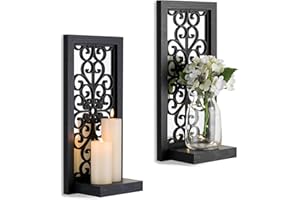 WALASIS Gothic Candle Sconces Mirror Wall Decor - Black Halloween Art Mirrored Wall Candle Holder Decorative Set of Two Wood Vintage Small Hanging Shelves for Farmhouse Living Room Kitchen Bedroom