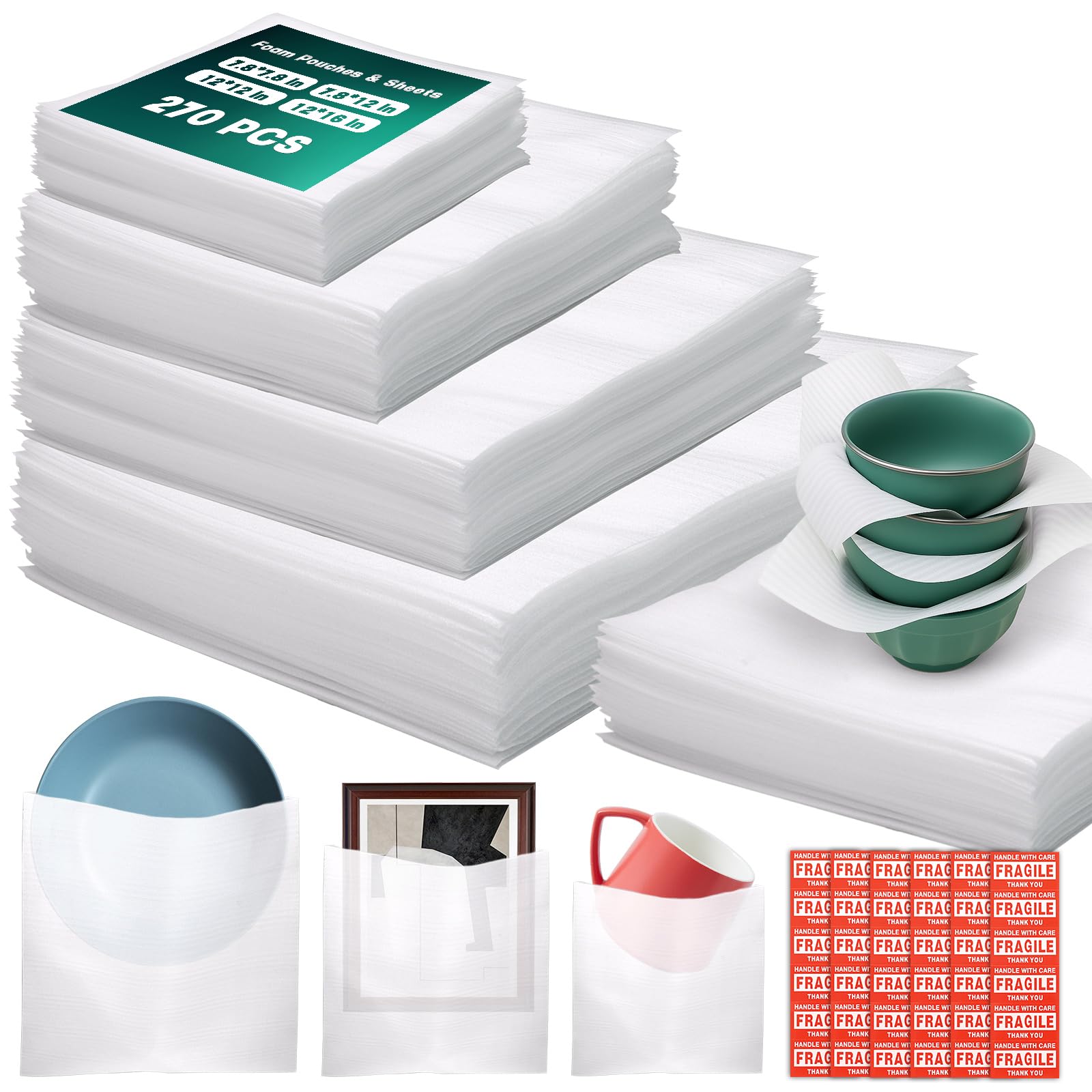 Photo 1 of 390 Pcs Moving Supplies, 270 Foam Pouches & Foam Sheets, 4 Sizes Packing Foam Pouches with 120 Fragile Stickers for Protect Cushion Dishes China Storage Supplies (7.8X7.8", 7.8X12", 12X12", 12X16")