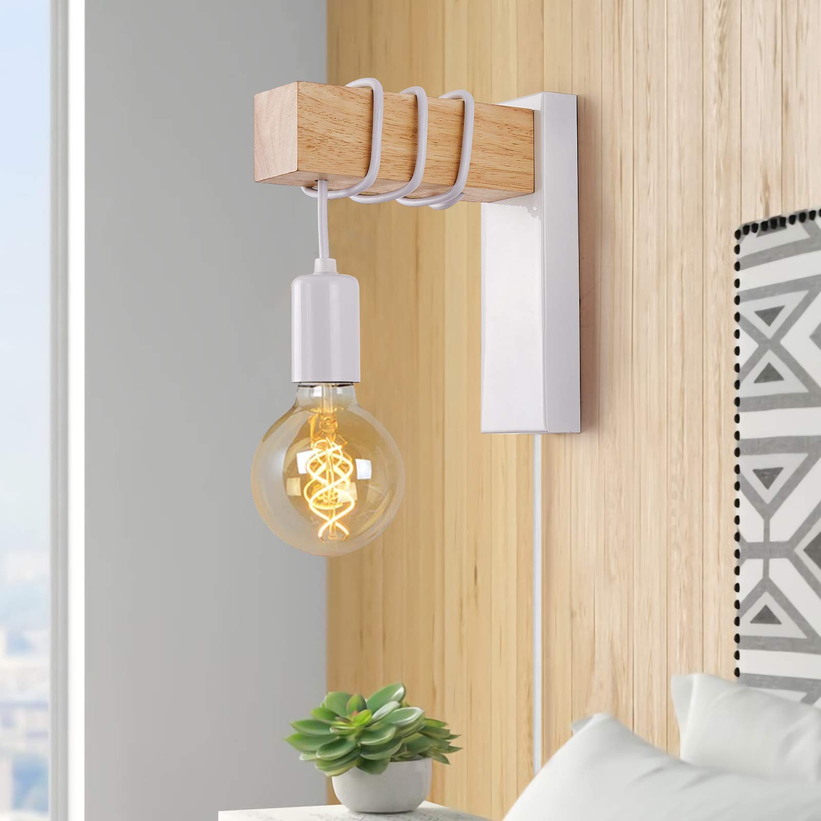 VANSINTEK Plug in Wall Lights Indoor Living Room - Industrial Wall Lamps E27 Socket for Bedroom Bedside Reading Lighting Mounted Fixture Wood LED with Switch Cord Sconces