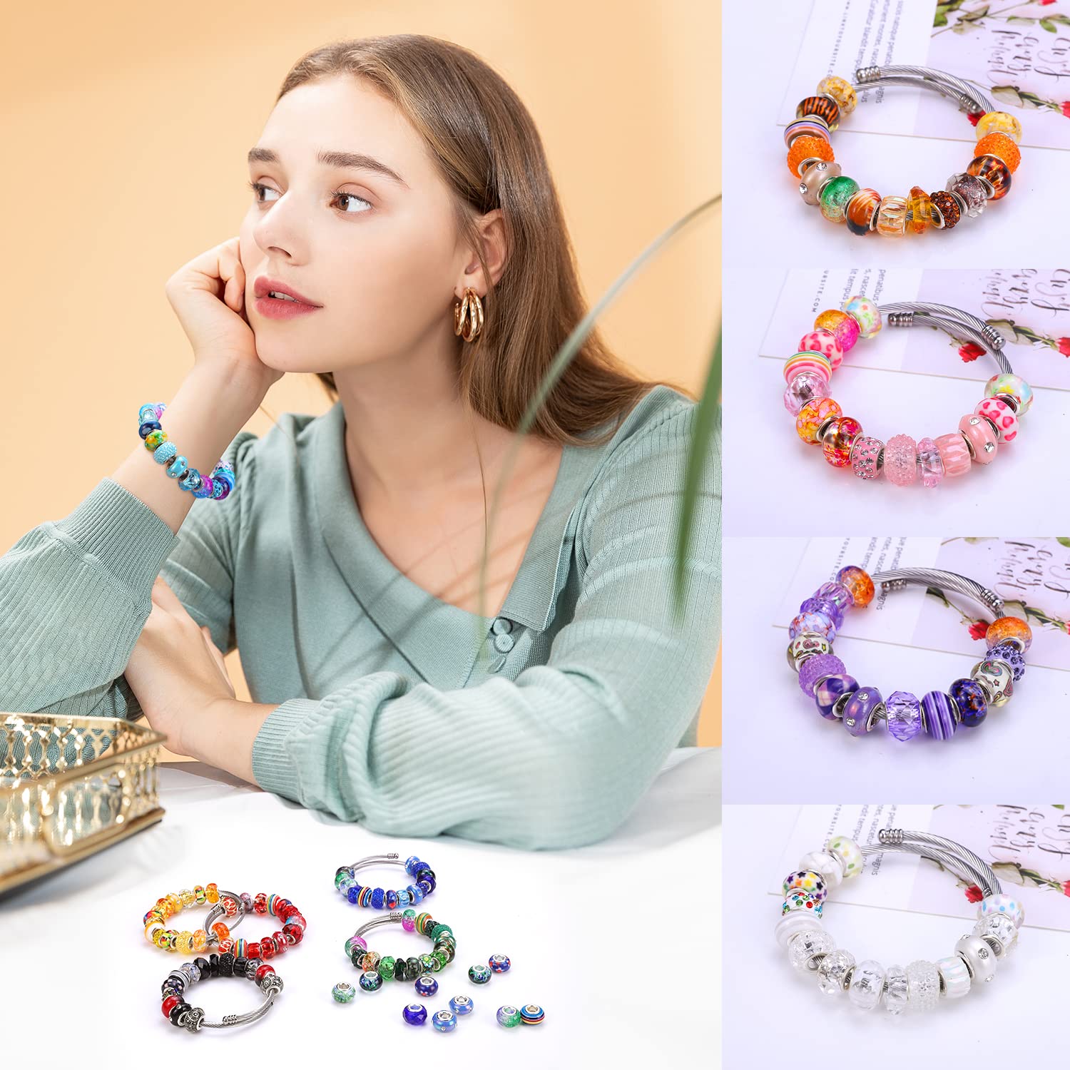 240 Pieces Assorted European Craft Beads Large Hole Lampwork Spacer Beads Colorful European Beads for DIY Necklace Bracelet Jewelry Making (Mix Color Style)
