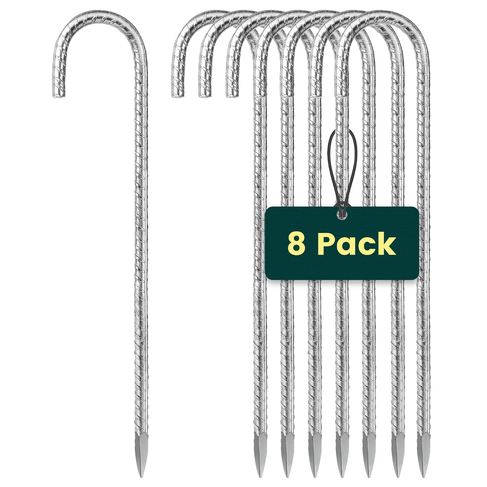 Tent Pegs Metal Heavy Duty: 8 Pack 12-Inch Steel Ground Pegs - Strong Galvanised J-Shape Rebar Stakes for Outdoor Camping/Garden/Swing/Gazebo/Football Goal-Net