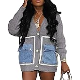 KANSOON Cardigan Sweaters for Women Casual Open Front Button Down Denim Patchwork Loose Knit Outerwear with Pockets