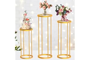 Lynxor Cylinder Pedestal Stands for Parties, 3Pcs Height Adjustable Gold Metal Plant Stand Tables for Weddings Cake Pedestal Stand Floor Plant Tables Geometric Display Rack, Round