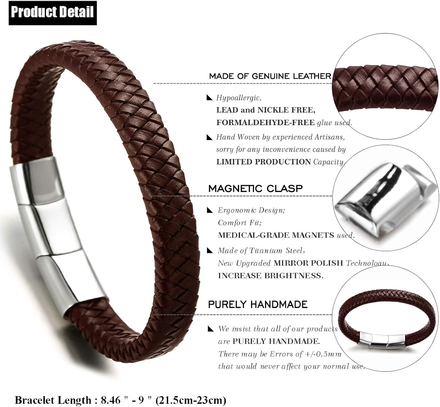 HALUKAKAH Plus ● Solo ● Men's Genuine Brown Leather Bracelet Classic Style Titanium Magentic Clasp Size Adjustable 8.46"-9"(21.5-23cm) with Free Giftbox - Image 3