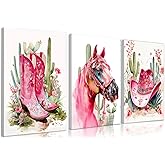 Frimeeme Western Girl Cowgirl Canvas Wall Art,Pink Cowgirl Decor,Horse Decor for Girls Room, 12x16 Inches Framed,Set of 3