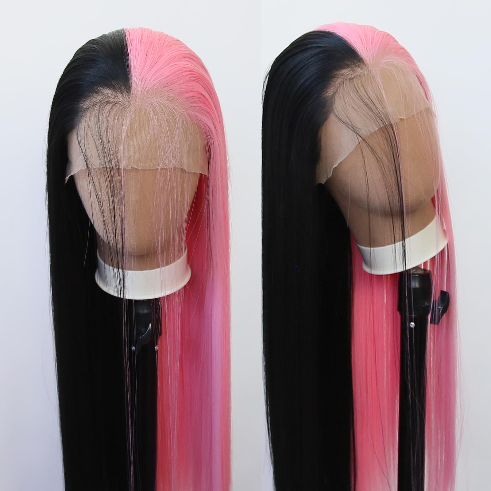 Towarm Long Straight Half Pink Half Black Synthetic Lace Front Wig - Pre Plucked Natural Hairline with Baby Hair for Women Cosplay & Daily Wear