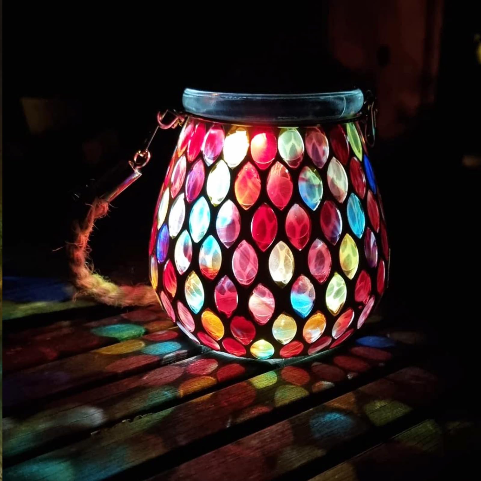 TOTHDATE 1PCS Oval Mosaic Solar Lights Outdoor Garden, On/Off Glass Hanging Solar Mosaic Lanterns Lights IP65 Waterproof for Table Lawn Path Courtyard Deck Fence, Red Mosaic Glass