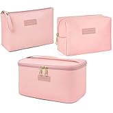 MAANGE Travel Makeup Bag - Large Makeup Bag with 2pcs Small Makeup Bag Portable Leather Cosmetic Bag Toiletry Bag Make Up Bags for Women and Girls (Pink)