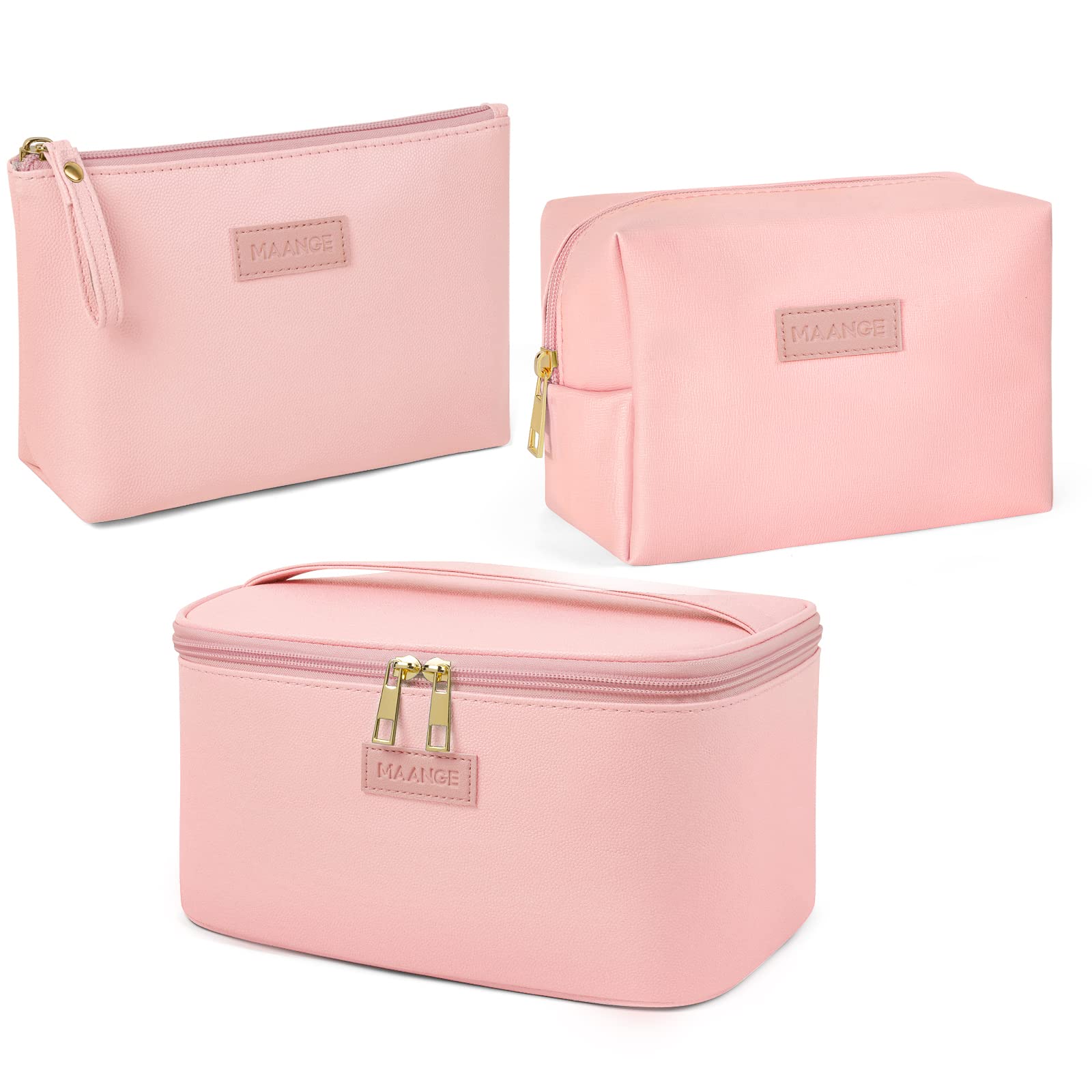 3 Pcs Makeup Bag(L+M+S) MAANGE Travel Makeup Bag with Brush Compartment Waterproof Cosmetic Bag PU Leather Portable Makeup Organizer Bag for Women, Pink
