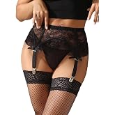 ohmydear Womens Lace Garter Belts Plus Size Garter Lingerie for Thigh Highs | Lace Mesh &amp; Ruffle Trim Wide Elastic Waistband Adjustable Back Hooks 4 Boned Support Panels Metal Clips with Bow