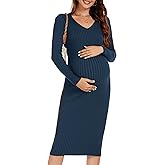 WANTROY Maternity Dress Long Sleeve V Neck Knit Stretchable Sweater Dresses Pregnancy Clothes for Photoshoot Baby Shower