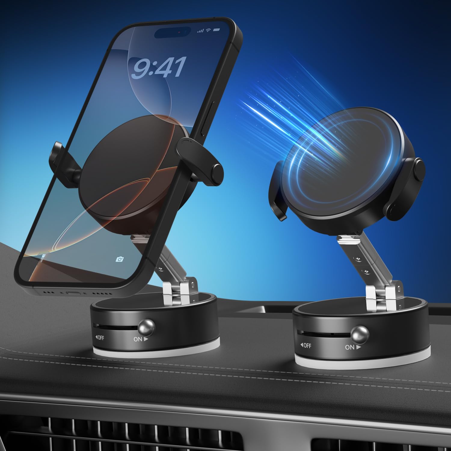 Photo 1 of Upgraded 360° Adjustable Vacuum Magnetic Phone Holder, Vacuum Suction Magnetic Phone Mount with Clamp Foldable Phone Holder for Car/Gym/Mirror/Smooth Surface, Suitable with All Smartphones (Black)