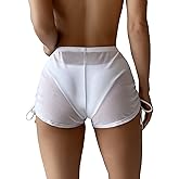 Falainetee Women's Drawstring Side Mesh Sheer Beach Summer Cover Up Shorts Bikini Bottoms