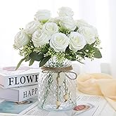Leayiuvan Faux Flowers in Vase,Fake Flowers in Vase 18 Pcs Faux Rose Flowers,Artificial Flowers for Home Decor, Indoor Centerpiece for Living Room & Dining Table (White)