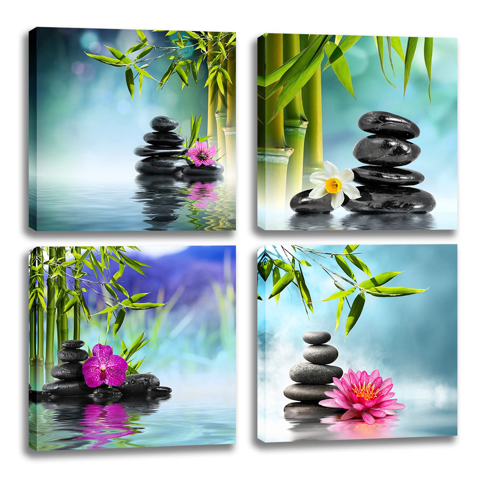 Stone Pictures Zen Wall Art - Azure Water Yoag Prints Candle Garden Bamboo Paintings Asin Treatment SPA Framed Artwork Canvas 4 Panels 12 x 12 Inches Decoration For Office Living Room Bedroom Bathroom