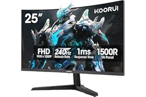 KOORUI 25 Inch Curved Gaming Monitor 240Hz FHD 1080P Computer Monitor, 1500R 1ms MPRT Display, Adaptive Sync, 90% DCI-P3,HDR, Eye Care, Tilt Adjustable, VESA 75x75mm, Black,G2511XC