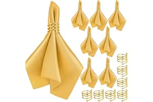 MCEAST Satin Cloth Napkins and Napkin Rings Set of 8, Smooth Fabric Table Napkins and Napkin Holder for Wedding, Birthday Dinner Party, Family Gatherings, Table Decor (Gold, 17 x 17 Inches)