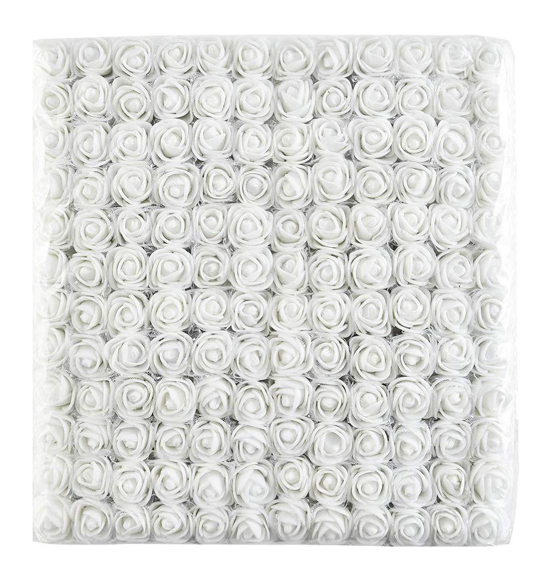 Artfen Mini Fake Rose Flower Heads 144pcs Mini Artificial Foam Roses DIY Wedding Flowers Accessories Make Bridal Hair Clips Headbands Dress (Bottom add Gauze) Snowy White