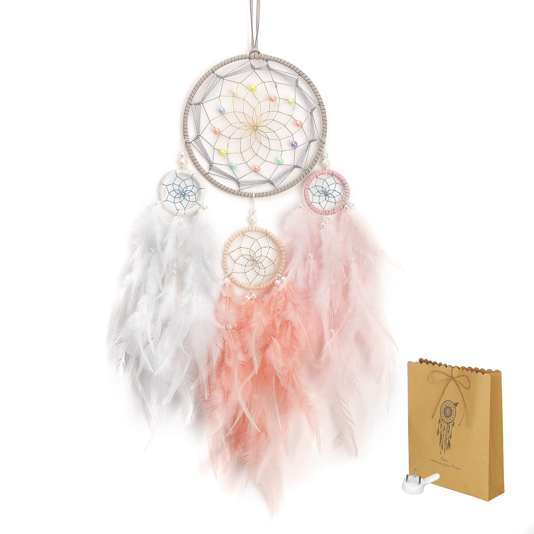 Dream Catcher for Girl Pink, Handmade Romantic Unique DreamCatcher Beads and Feathers Wall Hanging Ornament Gift for Bedroom