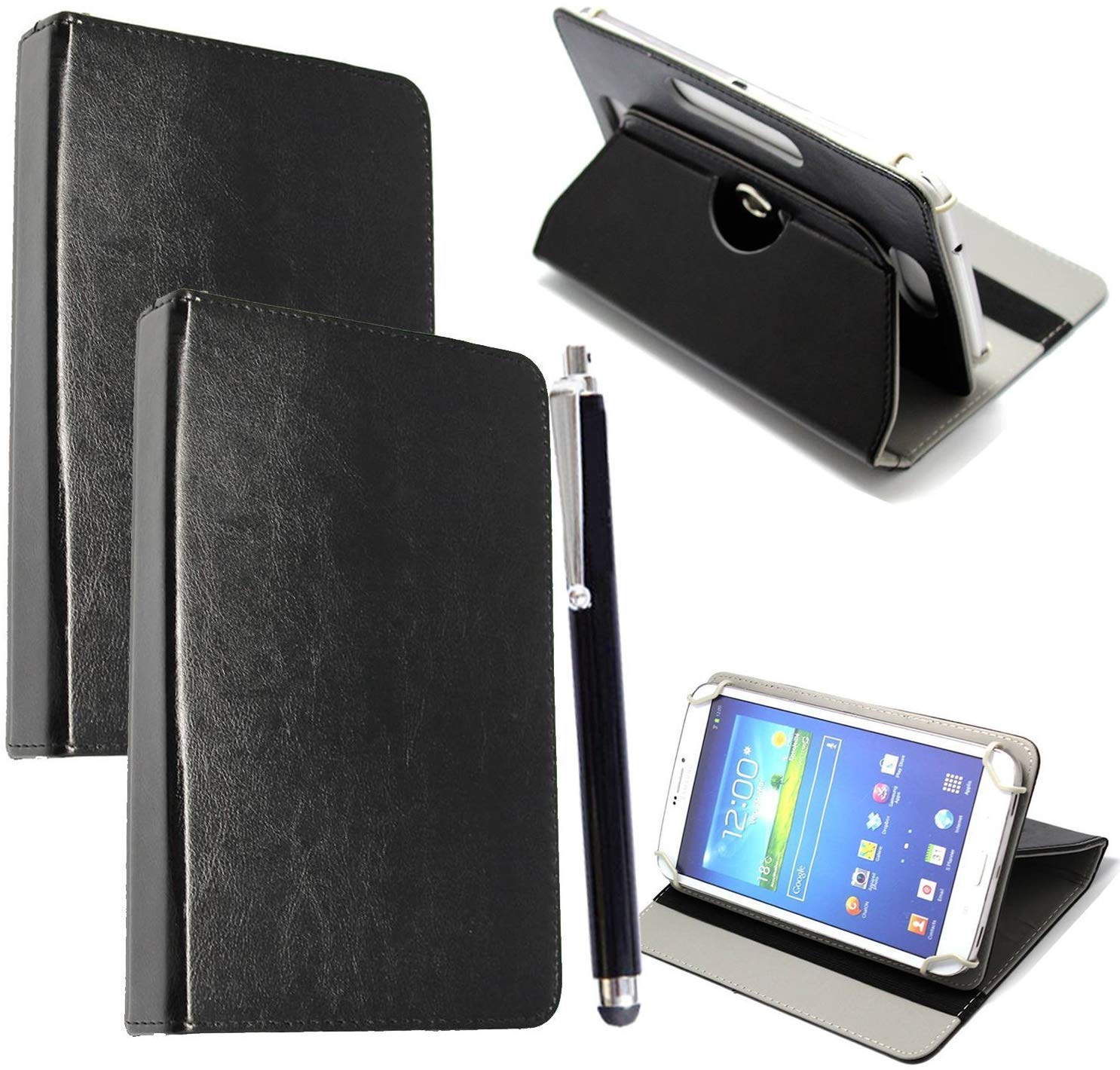 Universal 360° Rotational Colourful Various PU Leather Stand Case Cover Fits All 7" Inch Android Tablets tab devices + Free Stylus Pen (Universal 7'' BLACK)