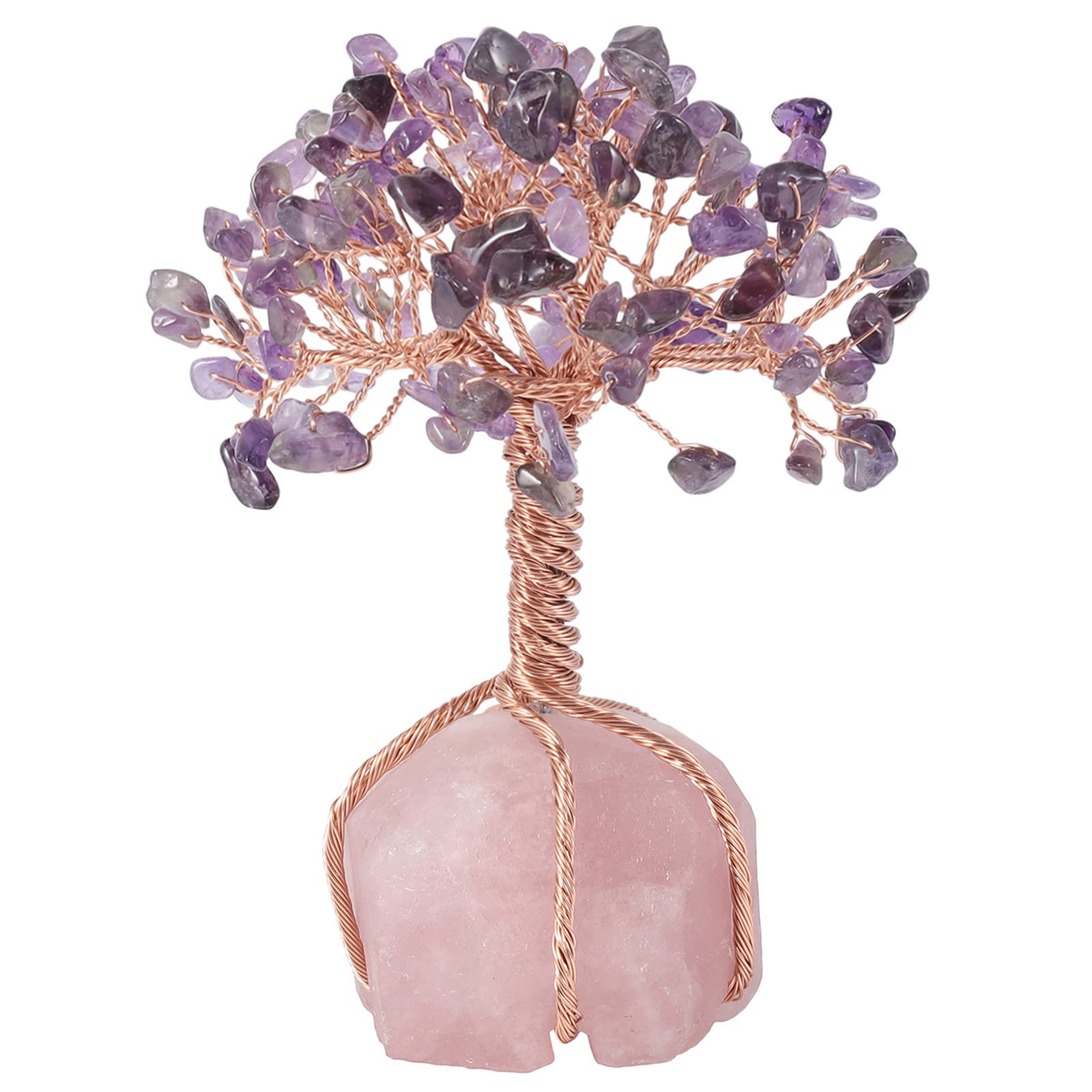 Nupuyai Amethyst Crystal Money Tree with Rose Quartz Raw Stone Base, Good Luck Fengshui Figurine Spiritual Healing Stone Tree Ornament Home Office Decor