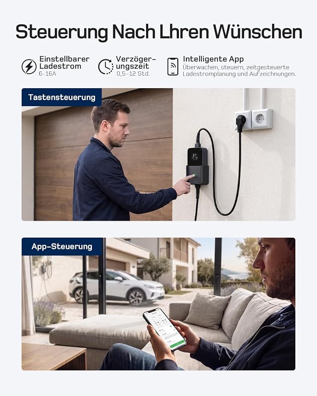 3,7kW Typ 2 Ladekabel Schuko mit APP, EV Charger mit 7,5m Kabel, 6-16A