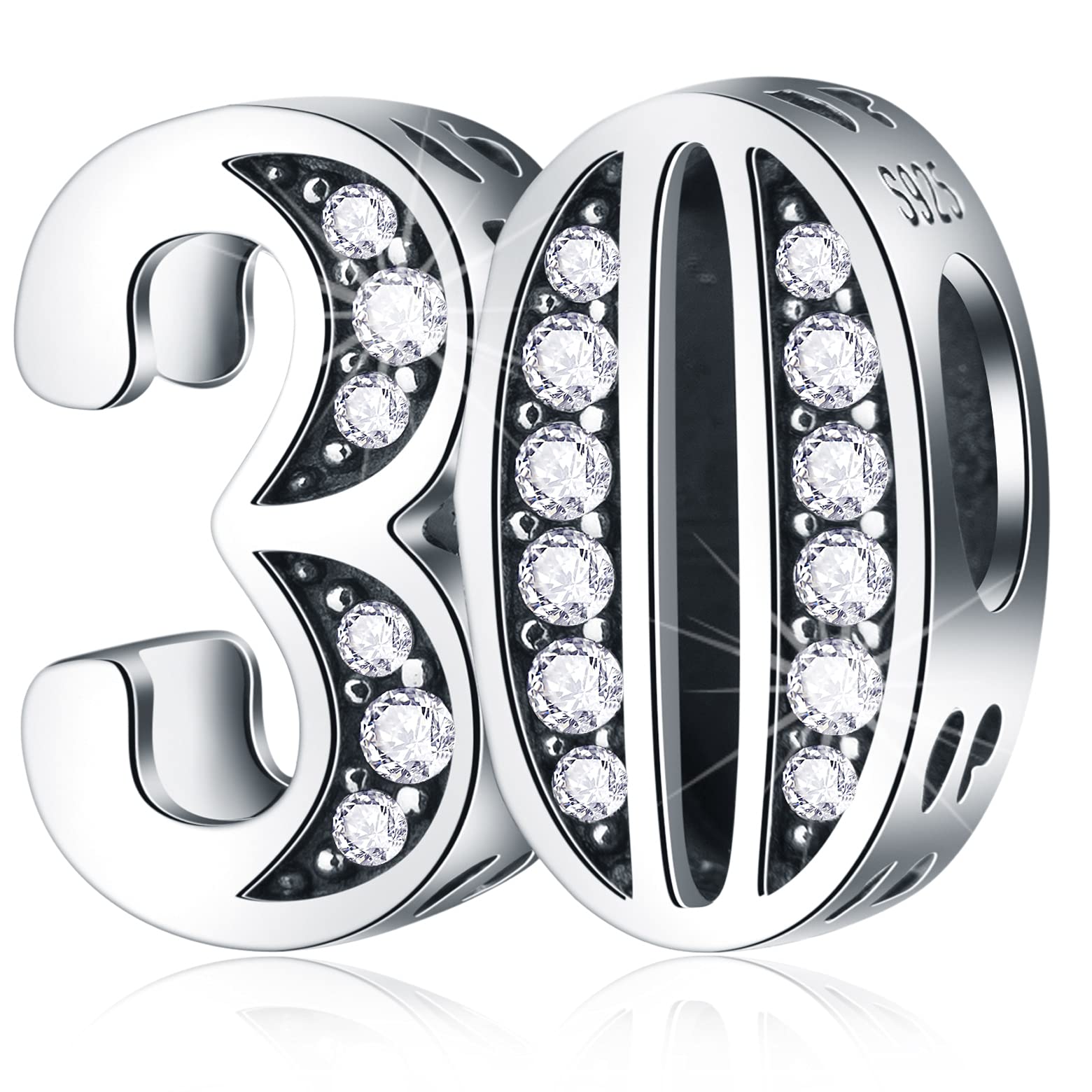 30 Birthday Charms fits Pandora Charm Bracelet, 925 Sterling Silver 30th Wedding Anniversary Beads with CZ, Number 30 Years of Love Gifts for Valentines/Mothers Day/Christmas